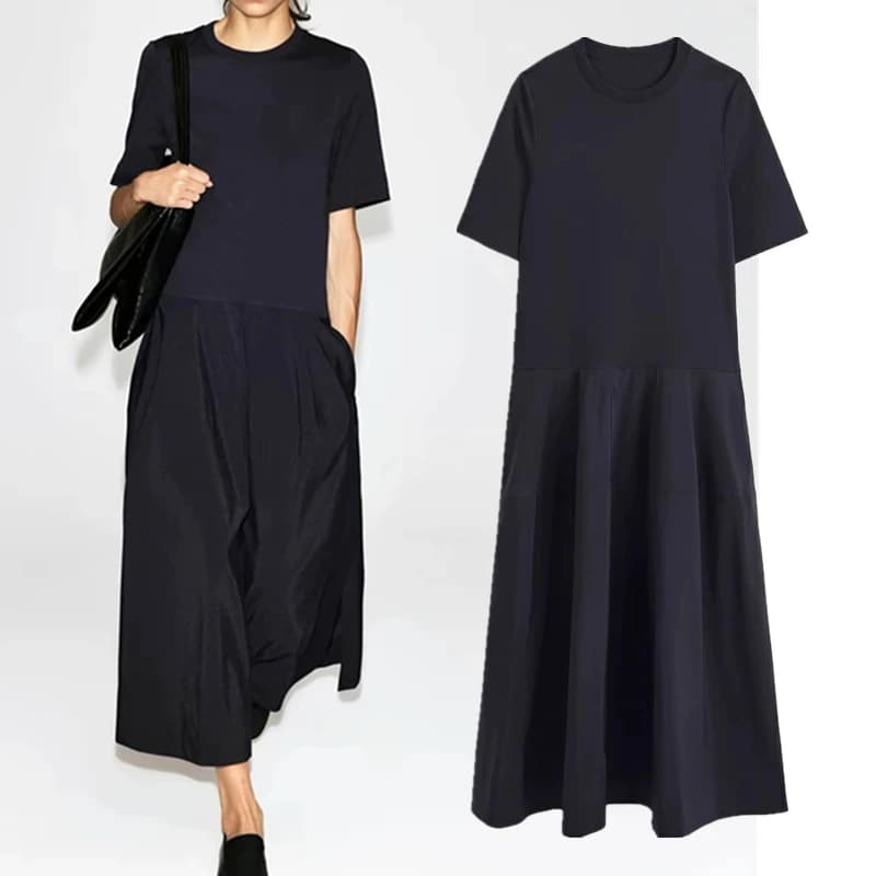 Maxdutti Southern France Elegant Minimalist Women's Casual Low Waist Splicing Medium Length Dress 2026 Autumn New Product Dress