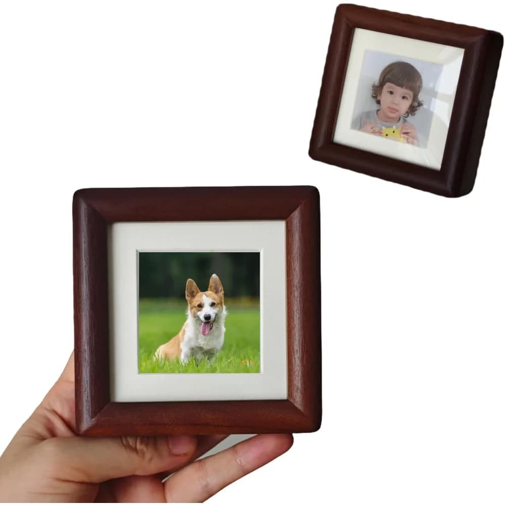 Mini cornice 3x3 realizzata a mano con tappetino 1,8x1,8 - Cornice in noce, display da tavolo per foto di neonati e animali domestici (Noce, 3x3)