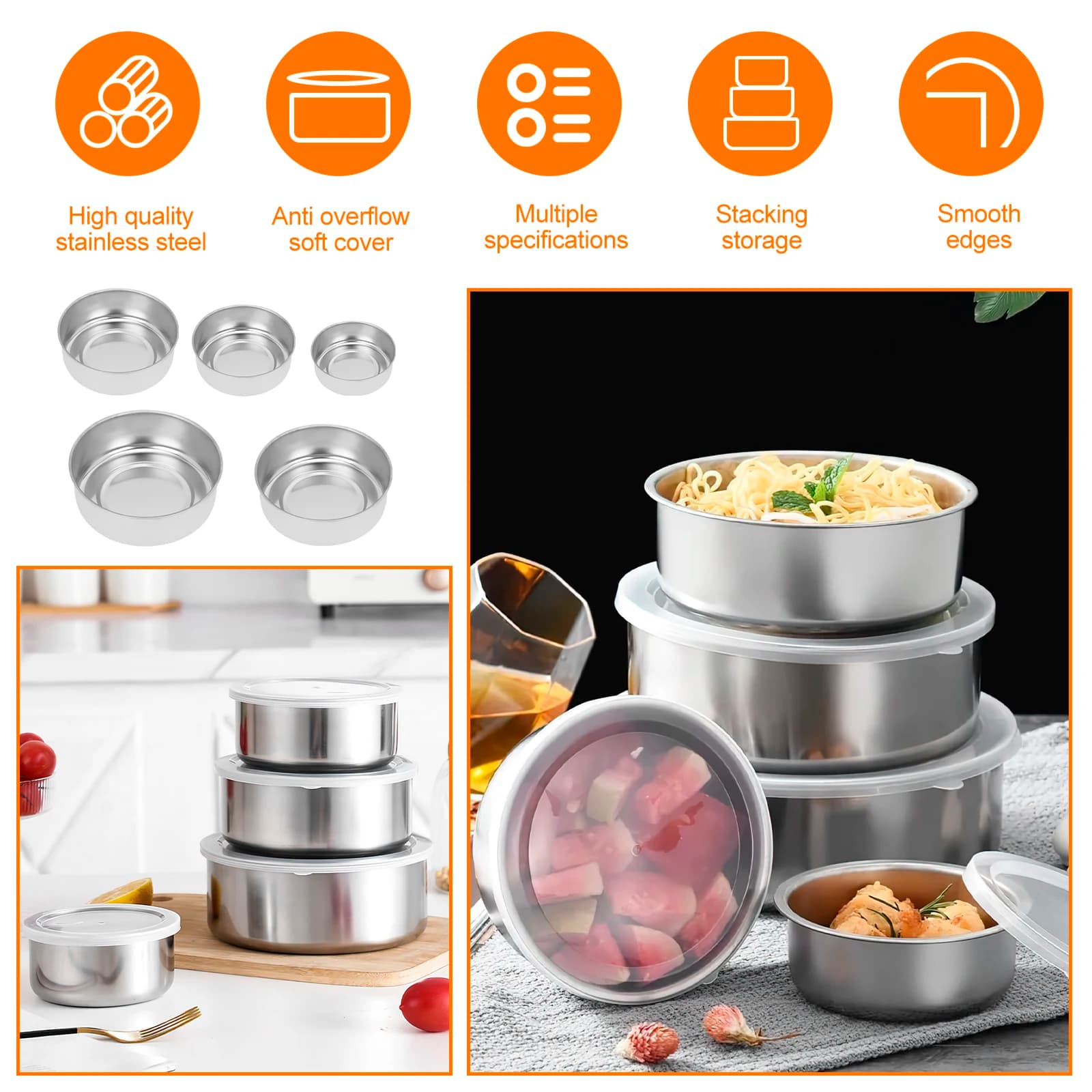 [Set di 5] Contenitori impilabili per la conservazione degli alimenti per snack in acciaio inossidabile con coperchi, avanzi, zuppe, insalate, preparazione e conservazione dei pasti