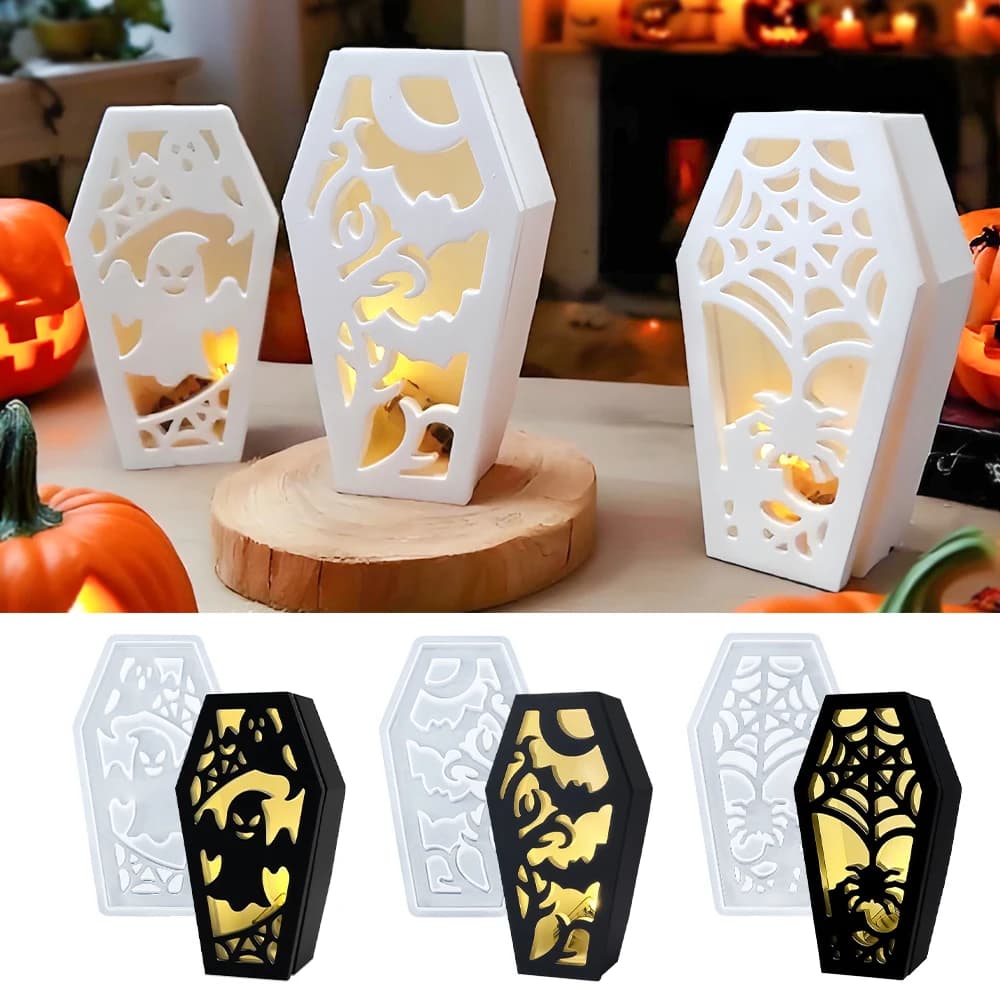 LZ111 Stampo in silicone per paralume a forma di bara di Halloween, fusione fai da te, fantasma, ragno, pipistrello, paralume, coperchio, barattolo di candela, stampi in resina di gesso