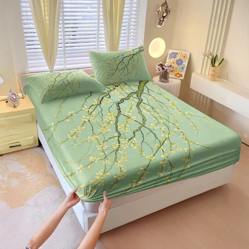 Van Gogh Almond Blossom Print Fitted Sheet Set Bed Sheet Set Bedding Set no fillers for girl bedroom daily bedding use