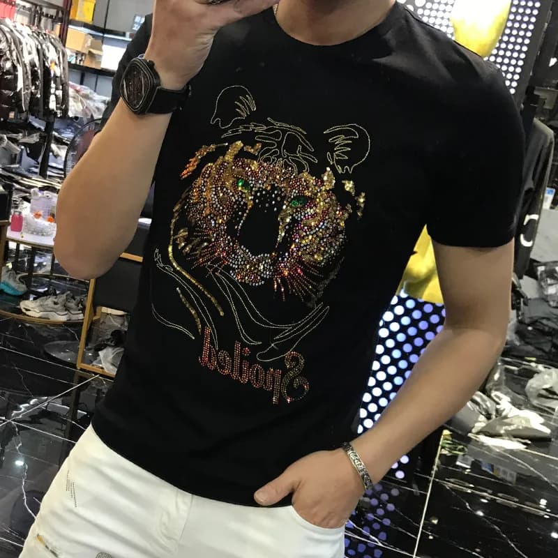 2025 Tiger Rhinestones T Shirt Men Clothing Fashion Streetwear O Neck Short Sleeve Slim Breathable Cotton Tshirt Man Casual Tops
