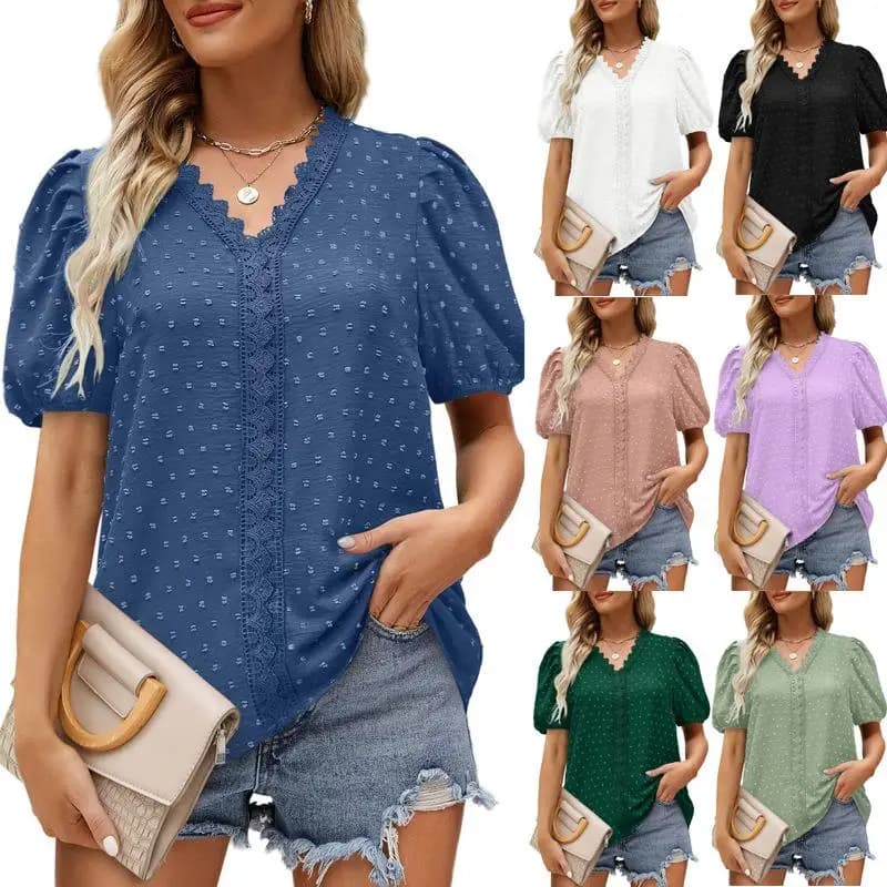 Women's Lace Patchwork Polka Dot Short Sleeve Shirt Casual Style Top round Neck Easy to Wear Comfortable Fit Female Clothing