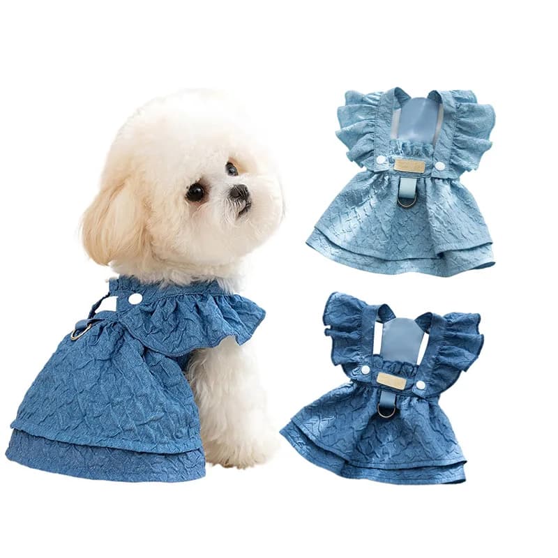 Abiti per cani in denim per cani di piccola taglia, vestiti per cuccioli con anello al guinzaglio, maniche volanti, abbigliamento estivo per gatti, abiti per chihuahua blu