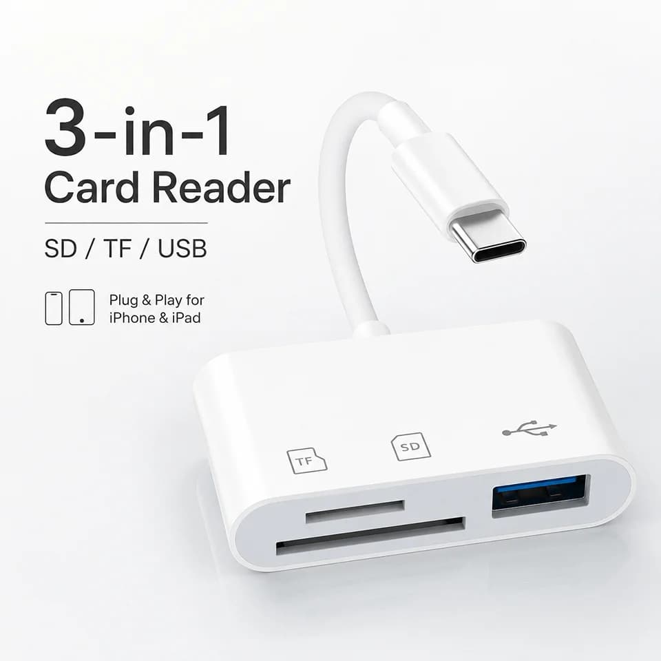 3-in-1 SD TF Card Reader USB C OTG Adapter with USB Port for iPhone 17 16 15 Pro Max iPad MacBook Laptop Android Digital Camera