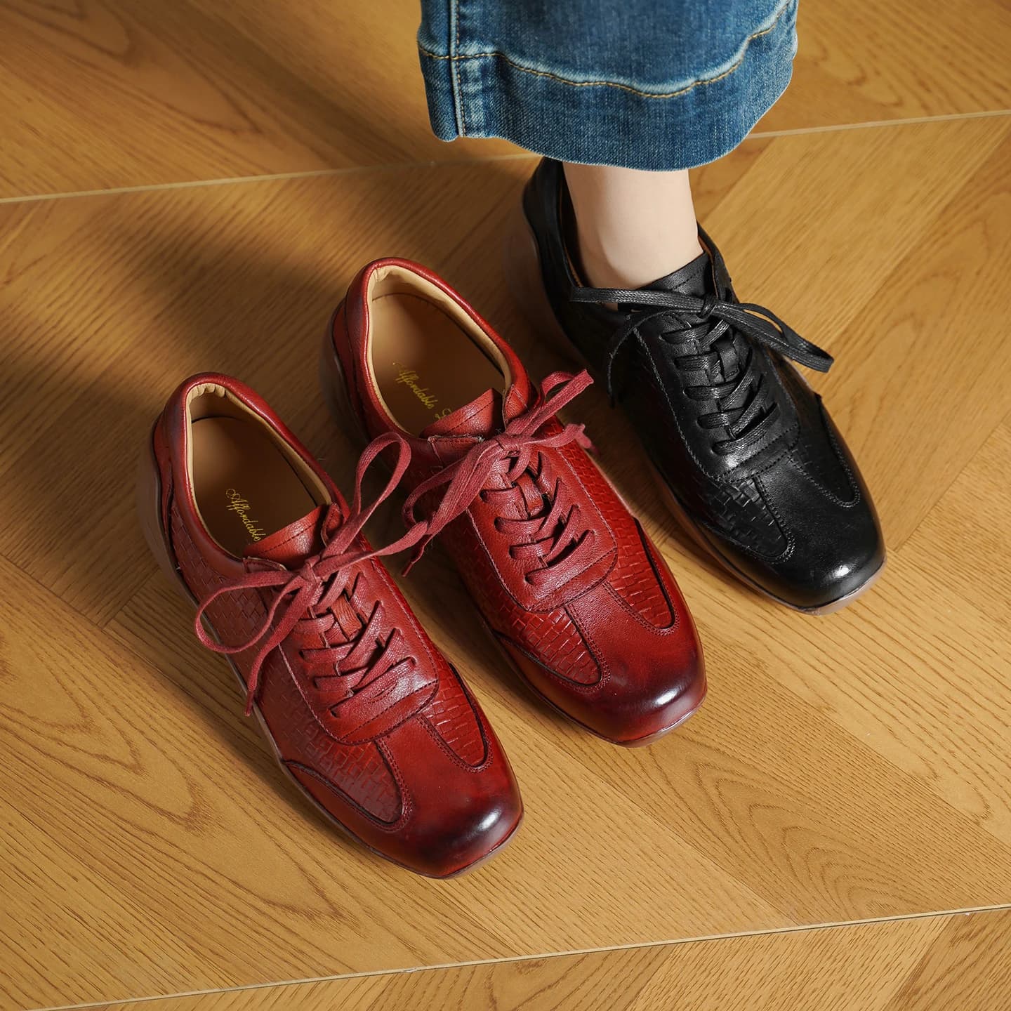 2026 new spring autumn women pumps natural leather 22-25cm weave cowhide square toe lace-up loafers wedges women shoes fashion