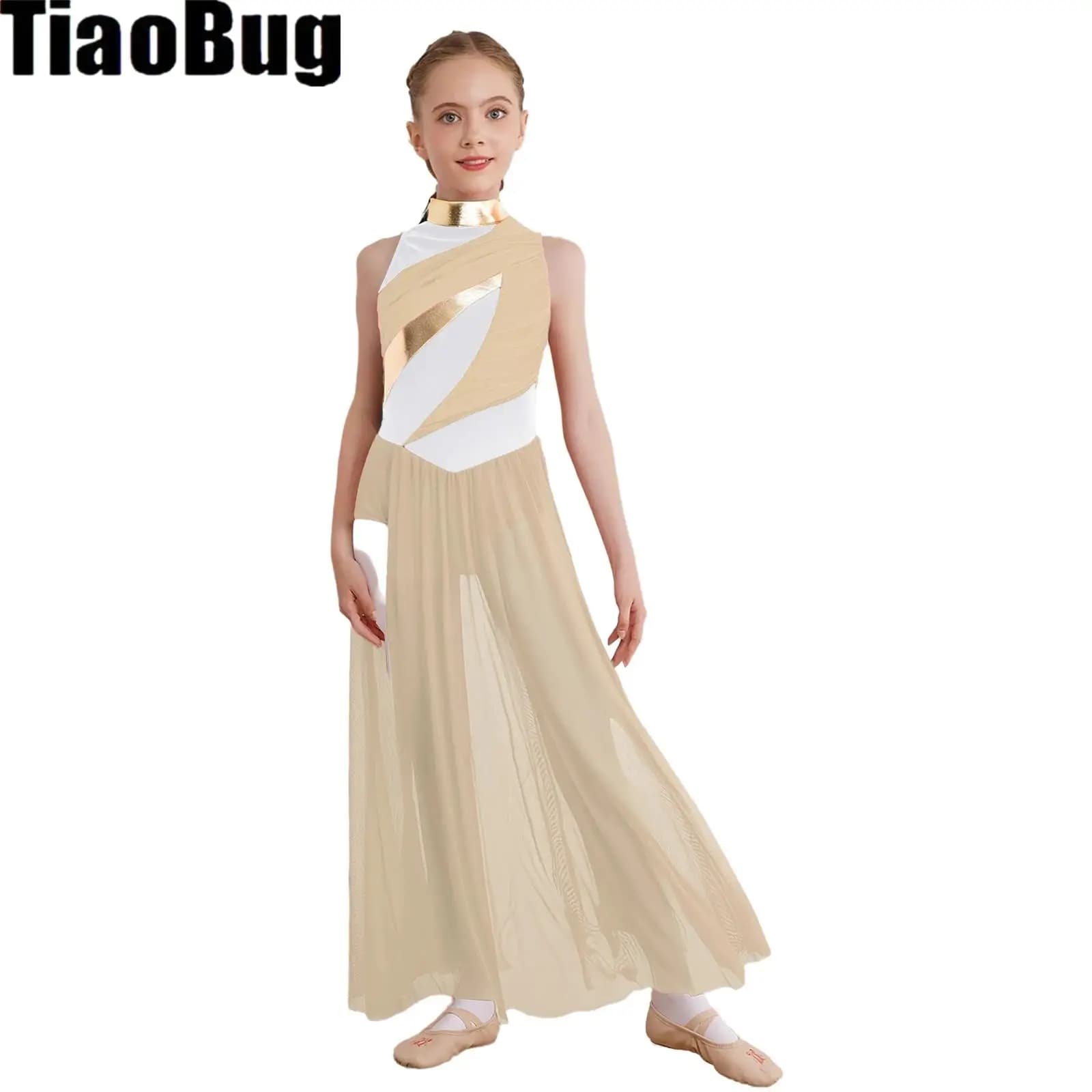 Abbigliamento da ballo moderno e contemporaneo per ragazze, collo a lupetto, senza maniche, corpetto sovrapposto in rete, spacco laterale, ginnastica, balletto, danza lirica