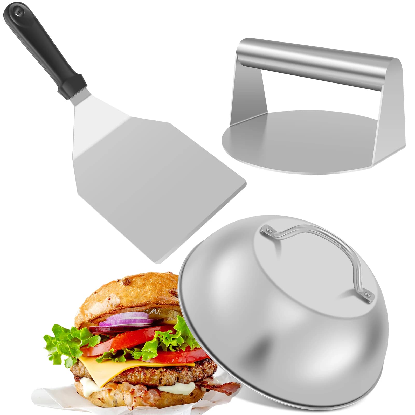 Set Completo per Smash Burger: Pressa, Coperchio per Basting, Spatola per Piastra, Dosatore Spezie, Kit per Griglia a Superficie Piana per Hamburger