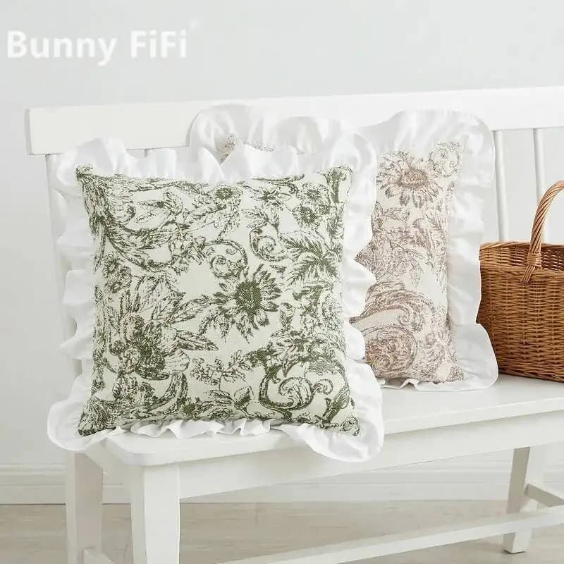 Floral Chenille Jacquard Cushion Covers With Ruffled Edge Soft Luxury Modern Euro Style Decorative Throw Pillowcase For Sofa Bed