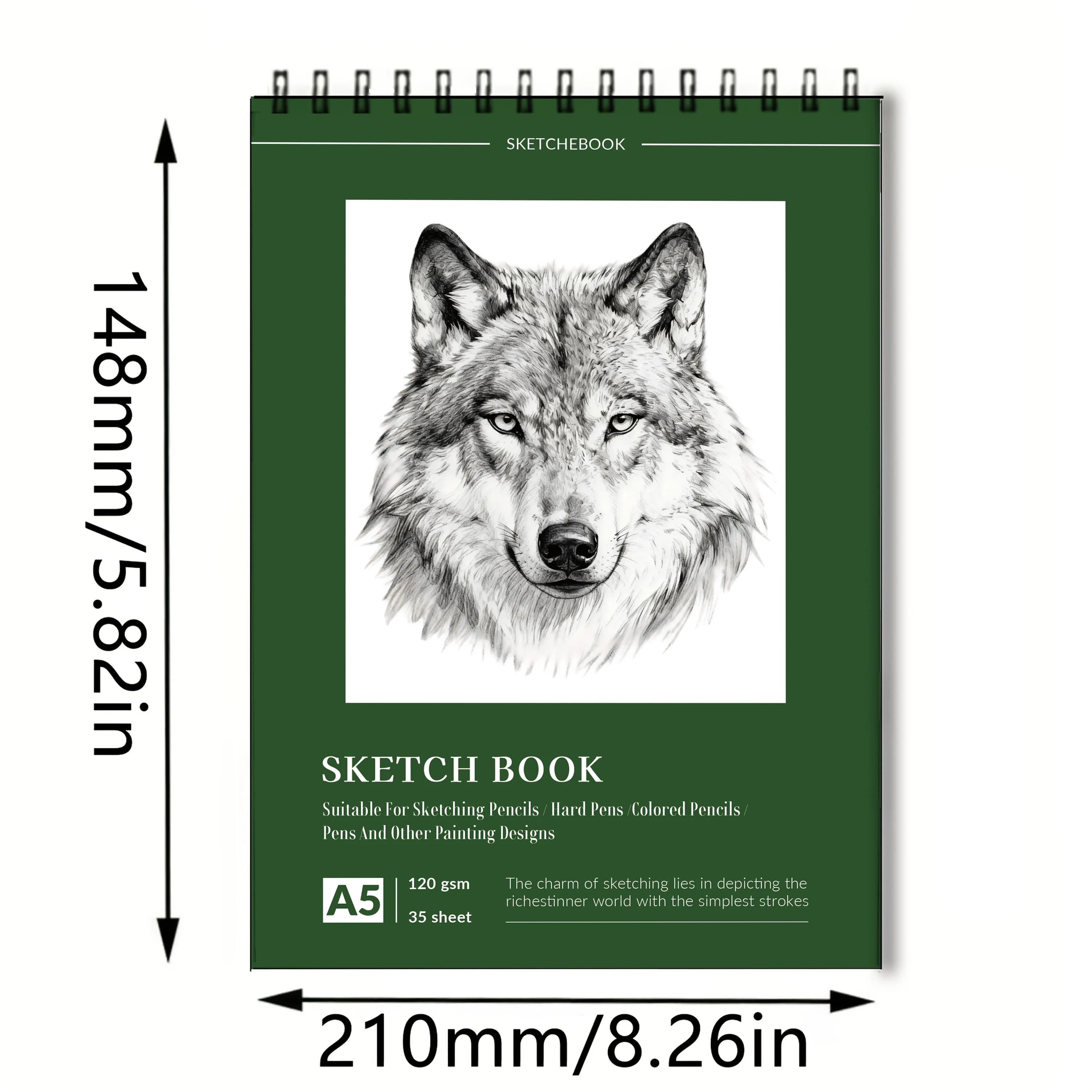 A5 Spiral-Bound Art Sketchbook, Wolf Portrait Cover Drawing Pad, 35 Sheets (120gsm) Acid-Free Paper, Ideal for Pencil, Charcoal