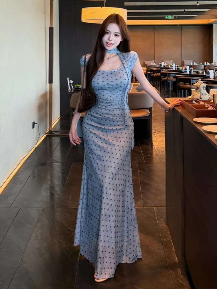 Retro Polka Dot Sash Hanging Neck Summer Blue Women's Dress Slim Fit Waist Cinched Fish Tail Long Skirt Sexy Style Standard Size