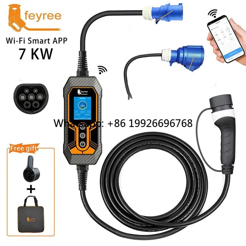 EV Feyree 7KW Type 2 Charger with WIFI and Smart App, 32A Monophase, with 3 Poli EEC and 32A Charging Cables