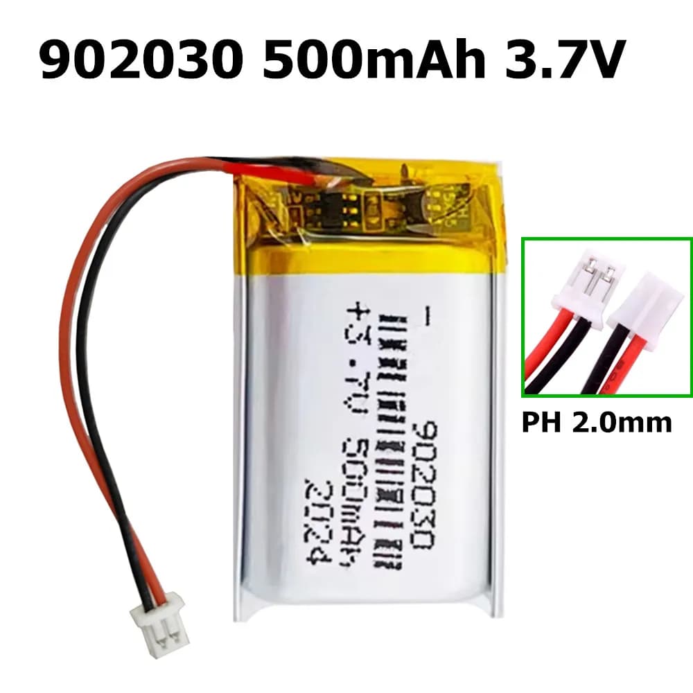 2Pcs/Lot 902030 500mAh 3.7V PH2.0 2P Rechargeable Polymer Lithium Battery for Solar Light Dvd Mp3/mp4 Tracker Anti-theft Device