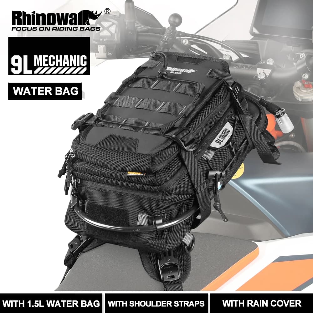 Borsa da serbatoio per moto Rhinowalk Zaino versatile da 9 litri Con copertura antipioggia Con borsa per l'acqua da 1,5 litri Sistema MOLLE Multi-scomparto universale