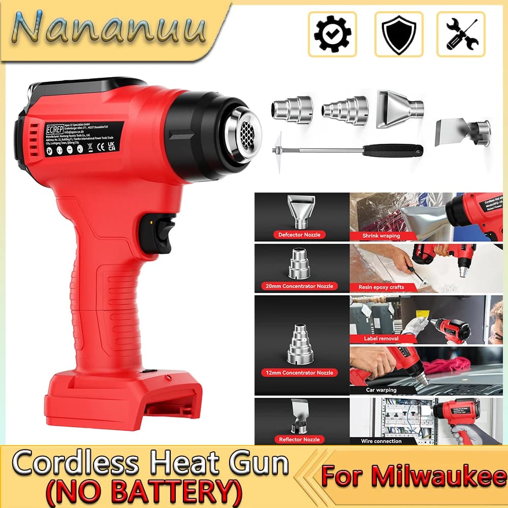 Pistola termica a batteria Nananuu con ugelli da 4 pezzi Strumento di avvolgimento termoretraibile Utensile elettrico portatile Pistola termoretraibile per batteria Milwaukee 18V