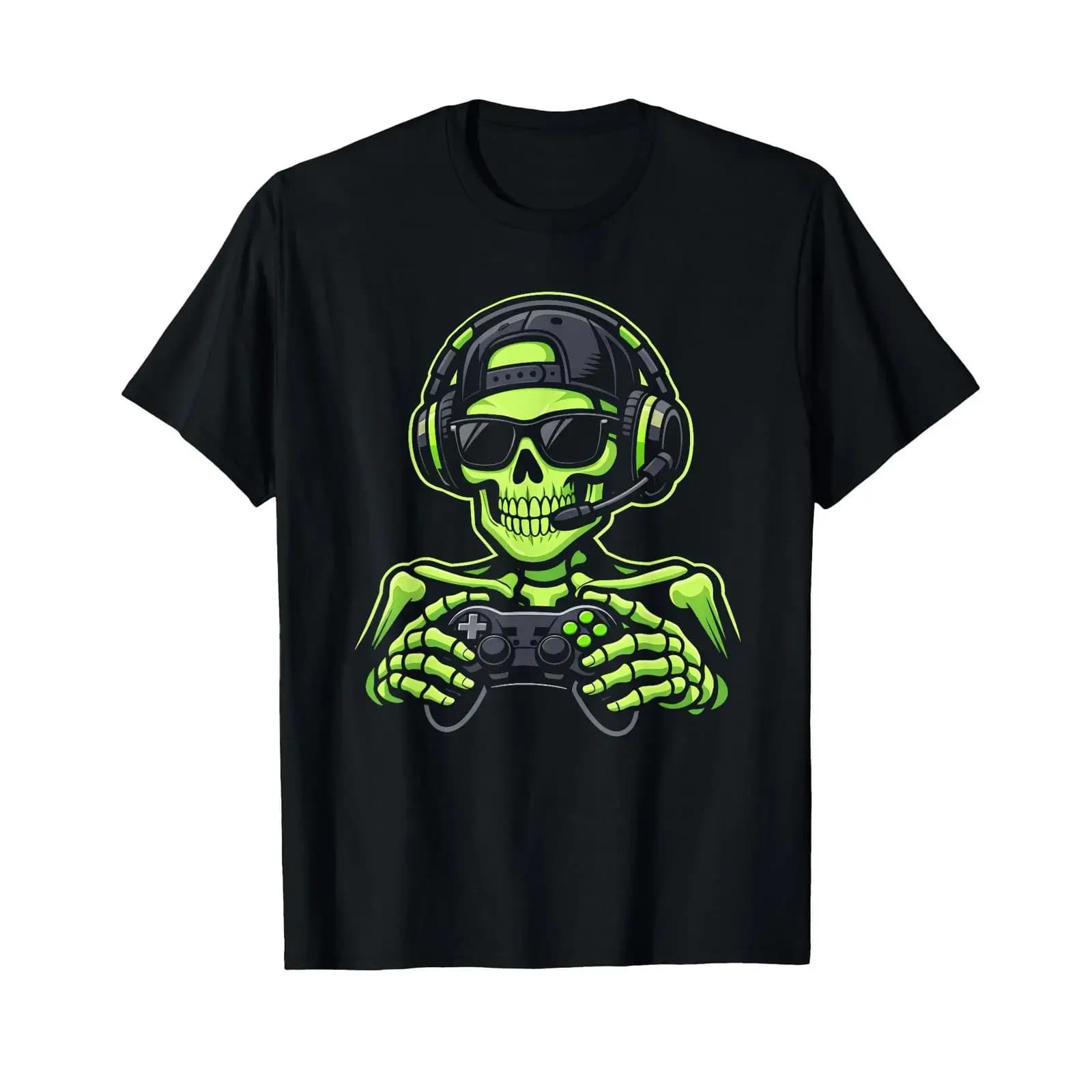 T-shirt divertente da gamer con stampa scheletro, cuffie e gamepad, per videogiochi, stile vintage, lavata, morbida, abbigliamento di design, comoda