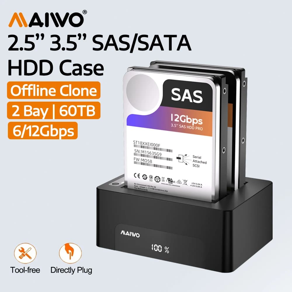 MAIWO Dual Bay 2.5/3.5 Inch SAS/SATA Hard Disk External Case with Offline Clone LED Digital 2.5 3.5 HDD/SSD Docking Station