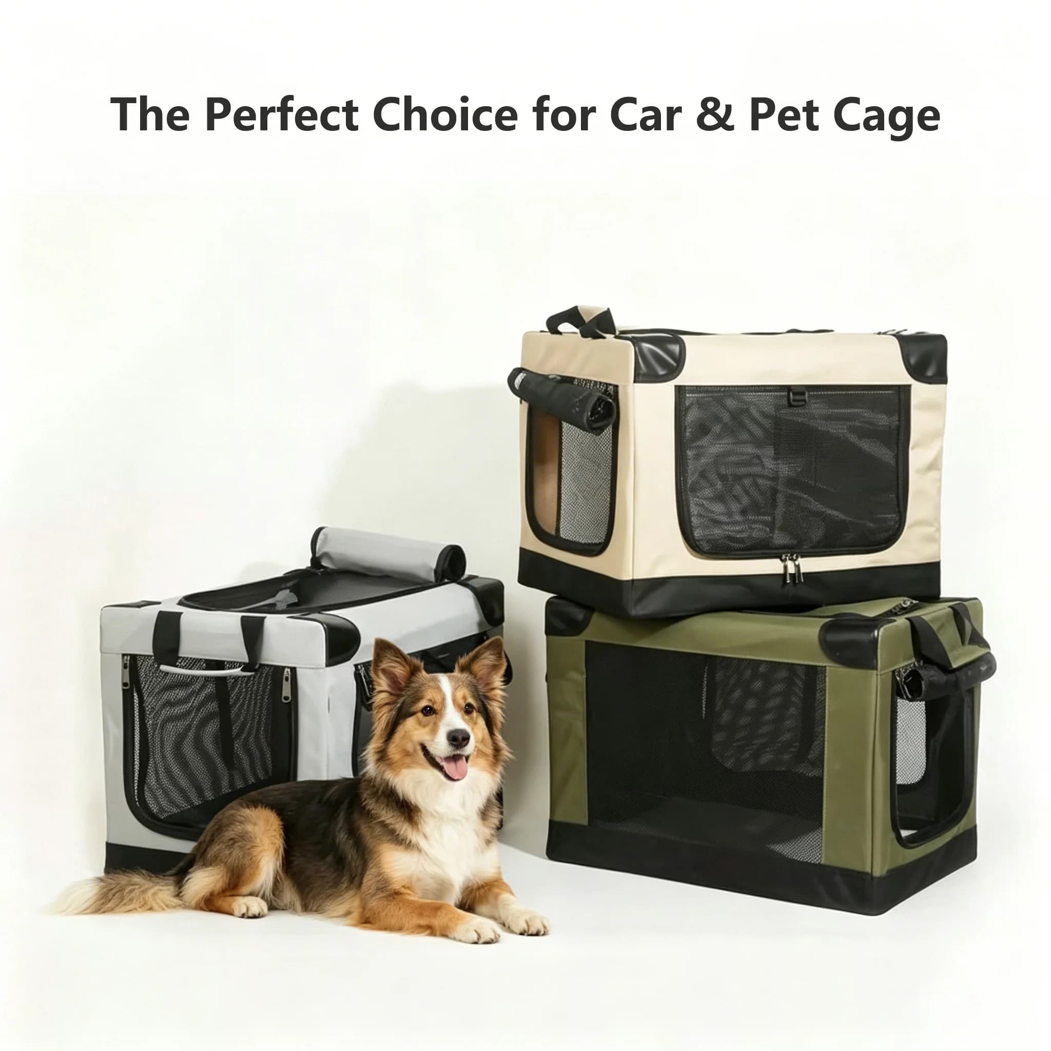 Trasportino Portatile per Animali Domestici da Auto, Gabbia Grande per Cani e Gatti, Trasportino da Viaggio Pieghevole a 3 Porte, Cuccia da Auto per Animali, Accessori da Viaggio