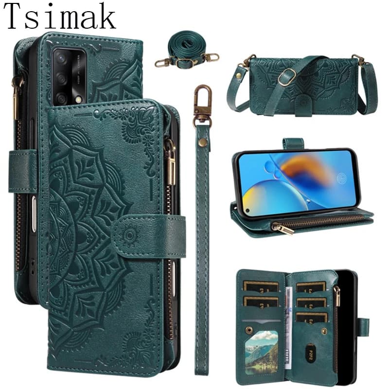 Zipper 9 Card Wallet Leather Case For OPPO A12 A15 A16 A54 A55 A72 A73 A74 A92S A93 Reno 4 Lite Reno4 F Z 4F 4Z 4G 5G Flip Cover