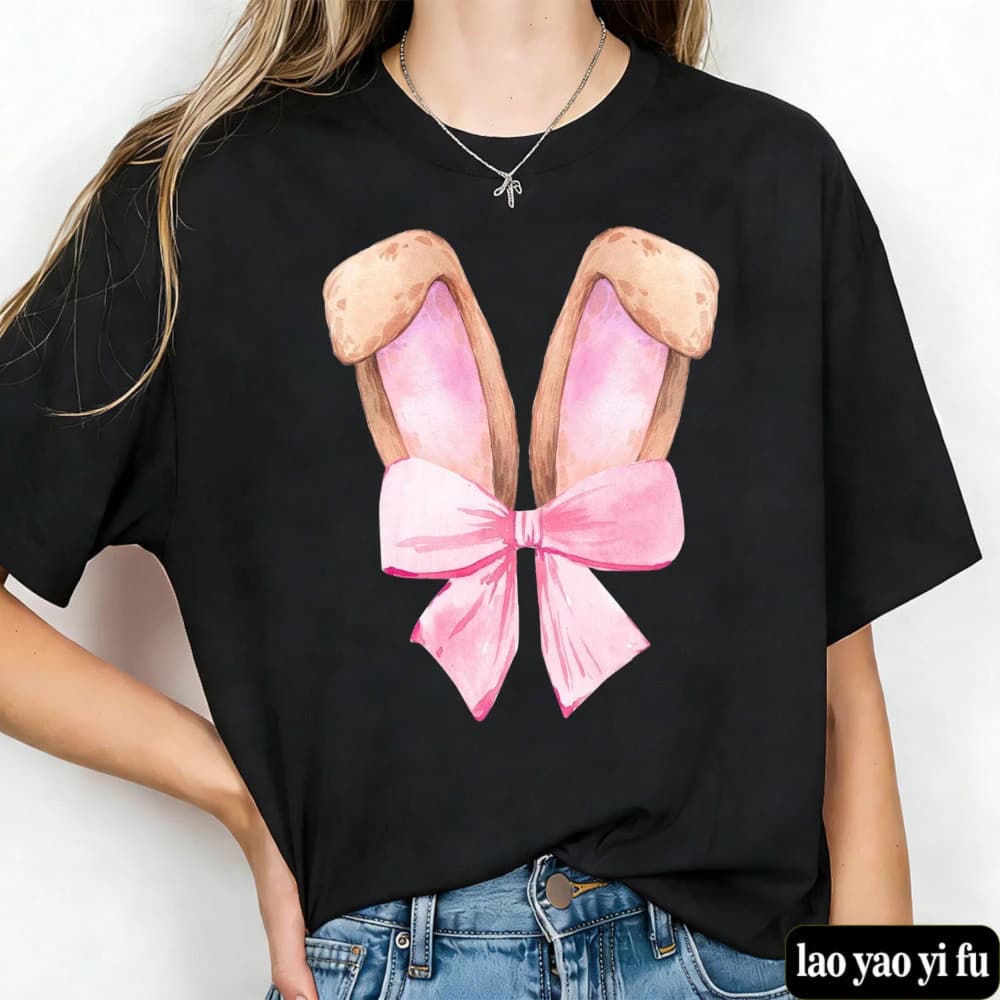 Coquette Bow Bunny Ears Shirt Cute Bunny t shirt Rabbit Tee Happy Easter Day Gift O-neck Y2K Graphic Pattern Printed Summer tops