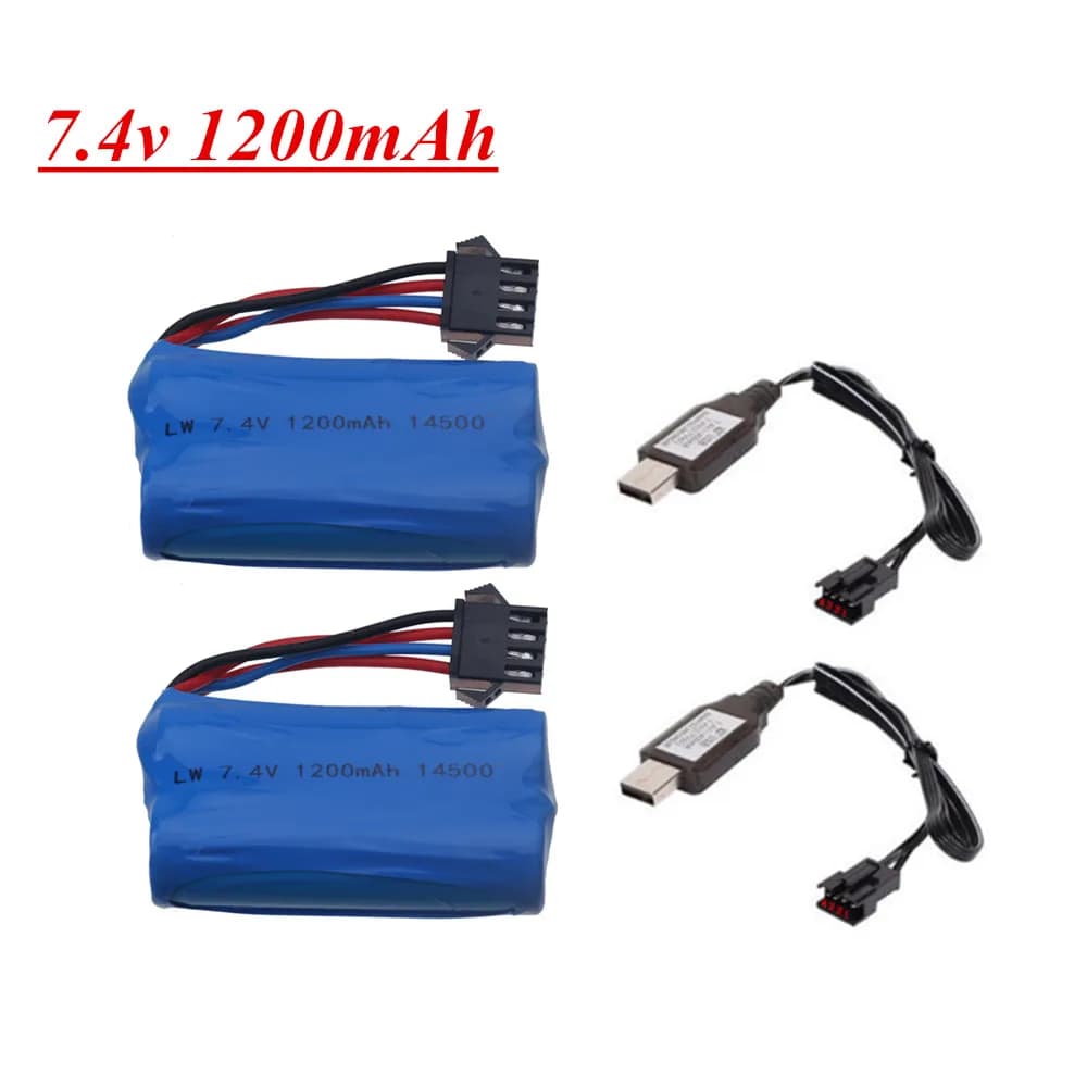 14500 7.4V 1200mah batteria agli ioni di litio SM4P spina e caricatore USB per telecomando elicottero barca modello di auto pistole a proiettile d'acqua parti