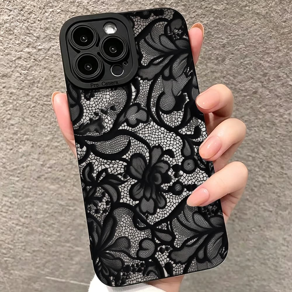 Black Lace Floral Print Phone Case For iPhone 17 16 15 14 13 12 Pro Max 16 15 14 8 Plus 17E X XR 17 Air Soft TPU Shockproo Cover