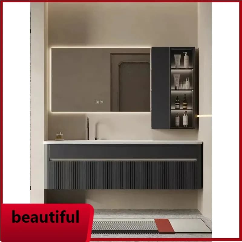 F156 Luxury French Corian Stone Plate Bathroom Cabinet Oak Paint Combination Light Washer Hot Curve Full Lavabo