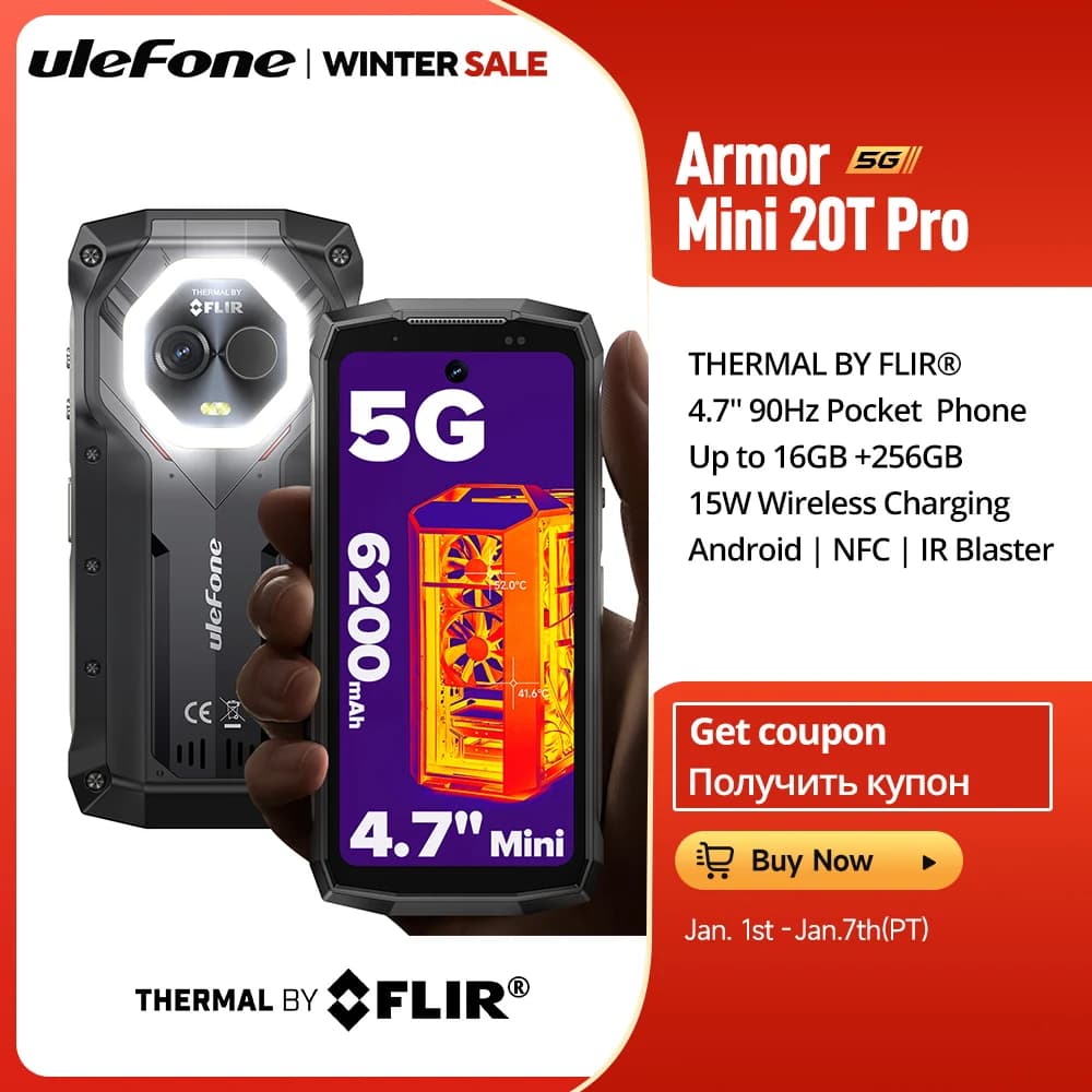 Ulefone Armor Mini 20T Pro 5G THERMAL BY FLIR® 4.7" Telefono robusto Android 14 Smartphone 256 GB ROM Telefono cellulare Immagini termiche