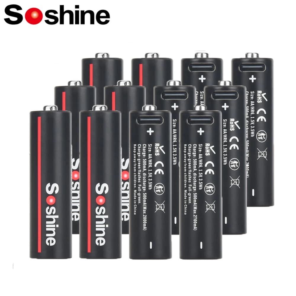 Soshine AA batterie ricaricabili al litio 1.5V USB 3500mWh batteria per macchina da gioco fotocamera rilevatore di fumo giocattoli elettrici mouse