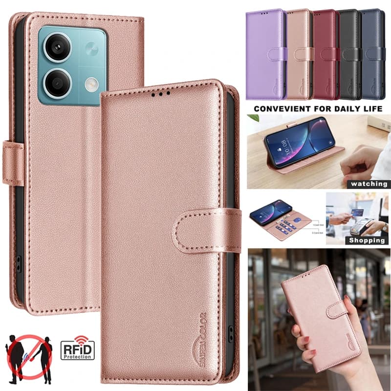 Custodia a Portafoglio Antifurto in Pelle con Blocco RFID per Xiaomi Redmi Note 13 Pro 4G, Note 13 Pro Plus, 13C 5G