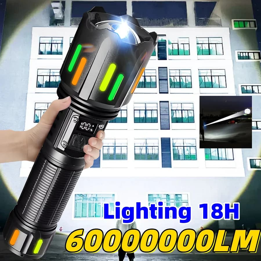 Torcia LED Ricaricabile USB da 60.000.000 Lumen, in Lega di Alluminio, Impermeabile per Campeggio, Escursionismo e Uso Tattico