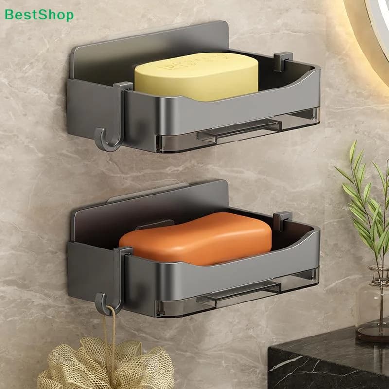 〔R〕Wall Mounted Soap Drain Box No Punching Household Bathroom Soap Holder Simple With Hook, No Water Accumulation Soap Box
