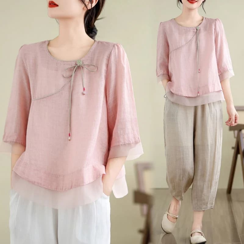 New Women's Summer Set in Cotton and Linen, Chinese Artistic Style, Solid Color, with Ogees Details, Wide Harem Pants and Sports Casual T-shirts