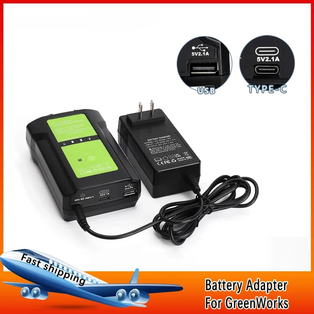 For GreenWorks 40V Lithium-ion Battery Charger Adapter Portable Power Supply With USB 3W Work Light For GLB 29472/29482/29462