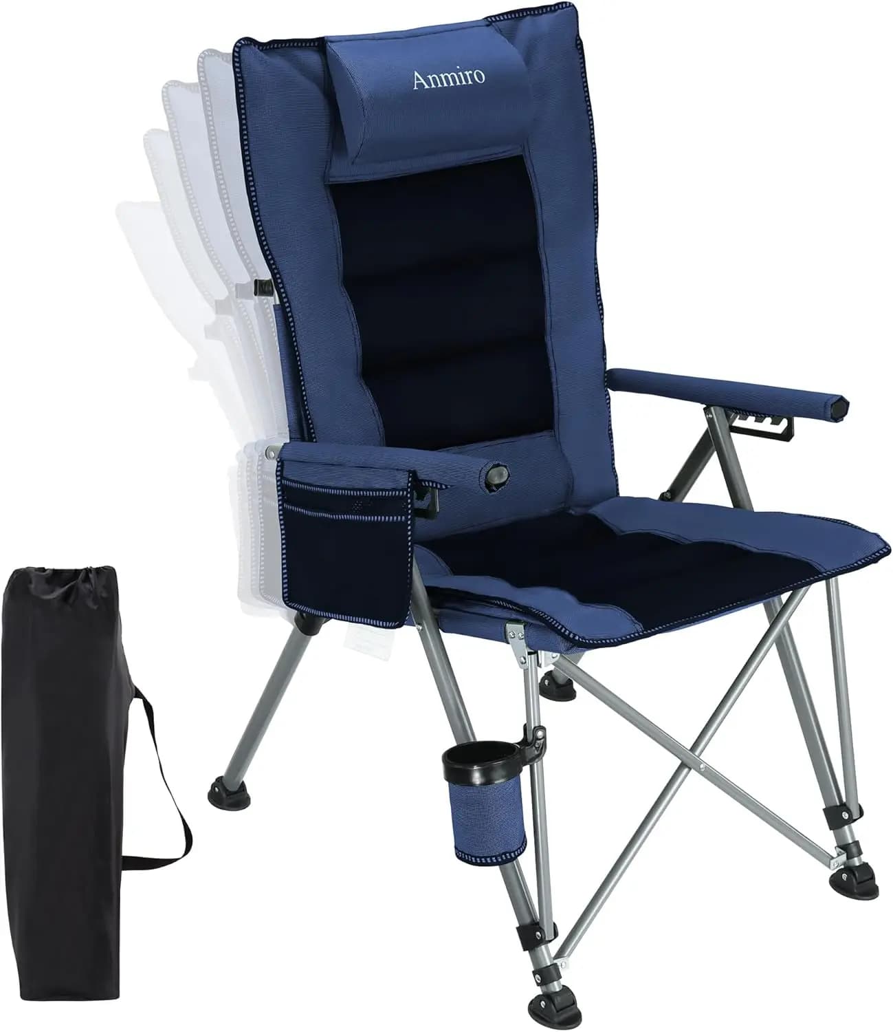 Sedia da Campeggio Pieghevole Resistente 400LBS con Portabicchieri e Borsa Portaoggetti, Supporto Schiena Regolabile Portatile Oversize per Esterni