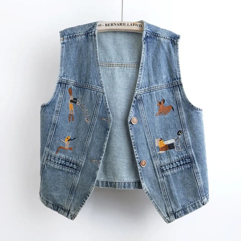 Summer New Women Vintage Animal Embroidery Blue Short Denim Vest V-Neck Single-Breasted Sleeveless Jeans Waistcoat Veste Femme