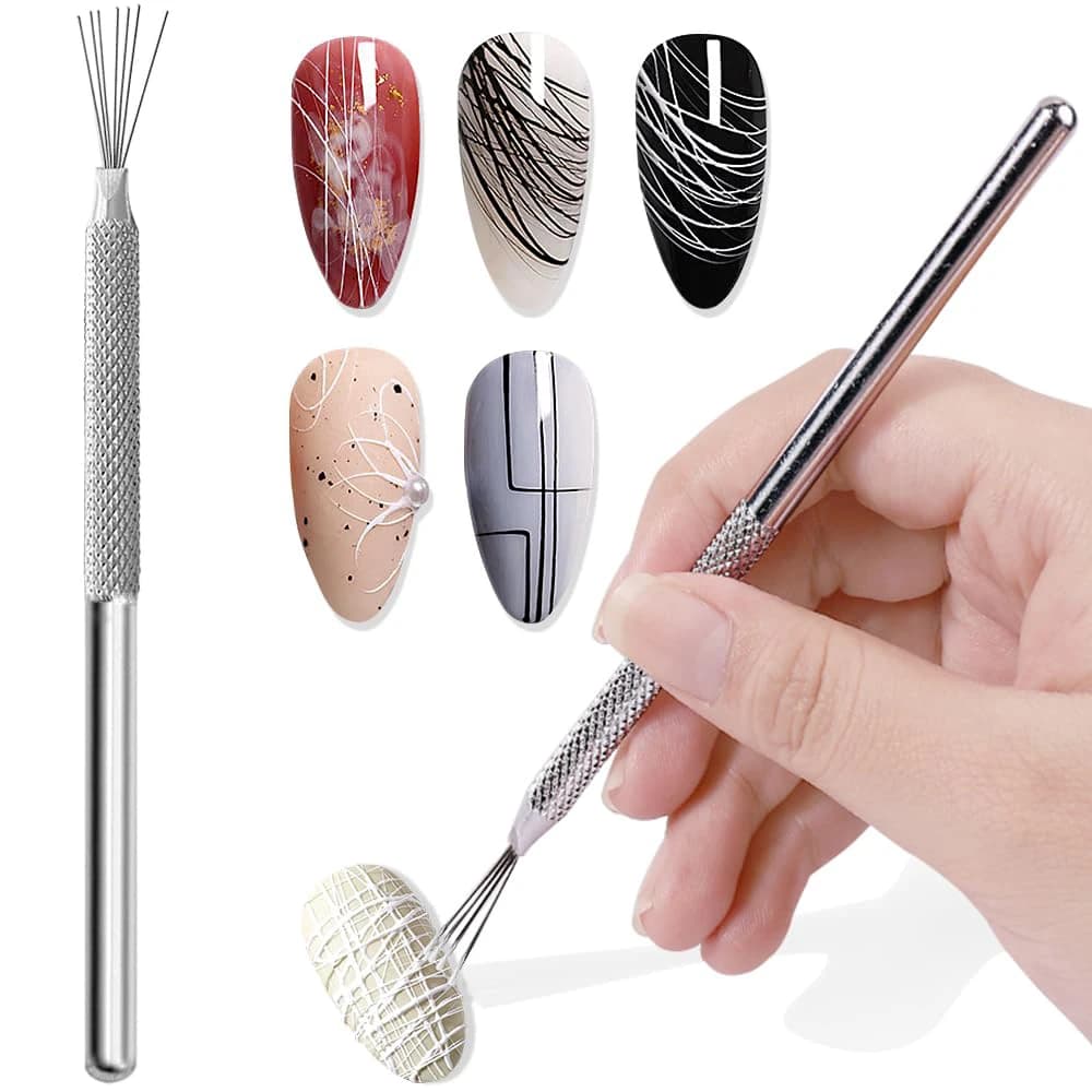 Strumenti per nail art con fodera per unghie a 7 pin Linee a strisce in acciaio inossidabile Penne per nail art Perni pieghevoli Pennello per unghie con linea ultrasottile Pittura su gel