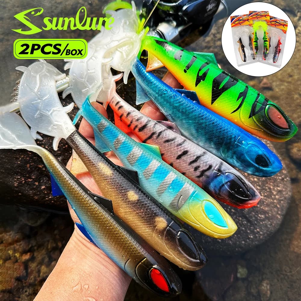 Esche Artificiali in Silicone Morbido Sunlure con Coda Lunga, 2 Pezzi/Scatola, Occhi 3D Realistici, Esche Colorate per Pesca in Acqua Salata