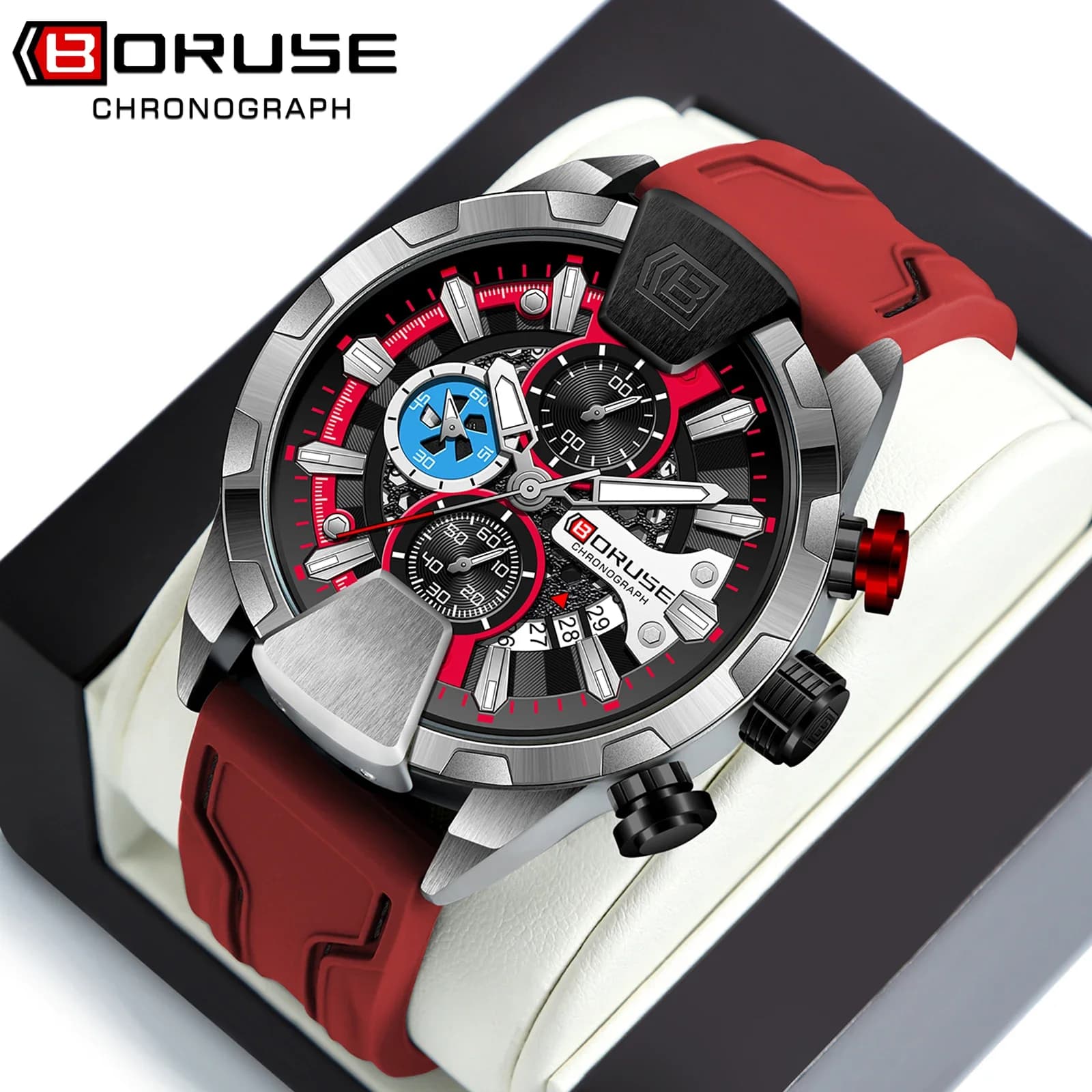 BORUSE Men's Watches Chronograph Red Waterproof Business Men's wristwatch Relogio Masculino calendar watch