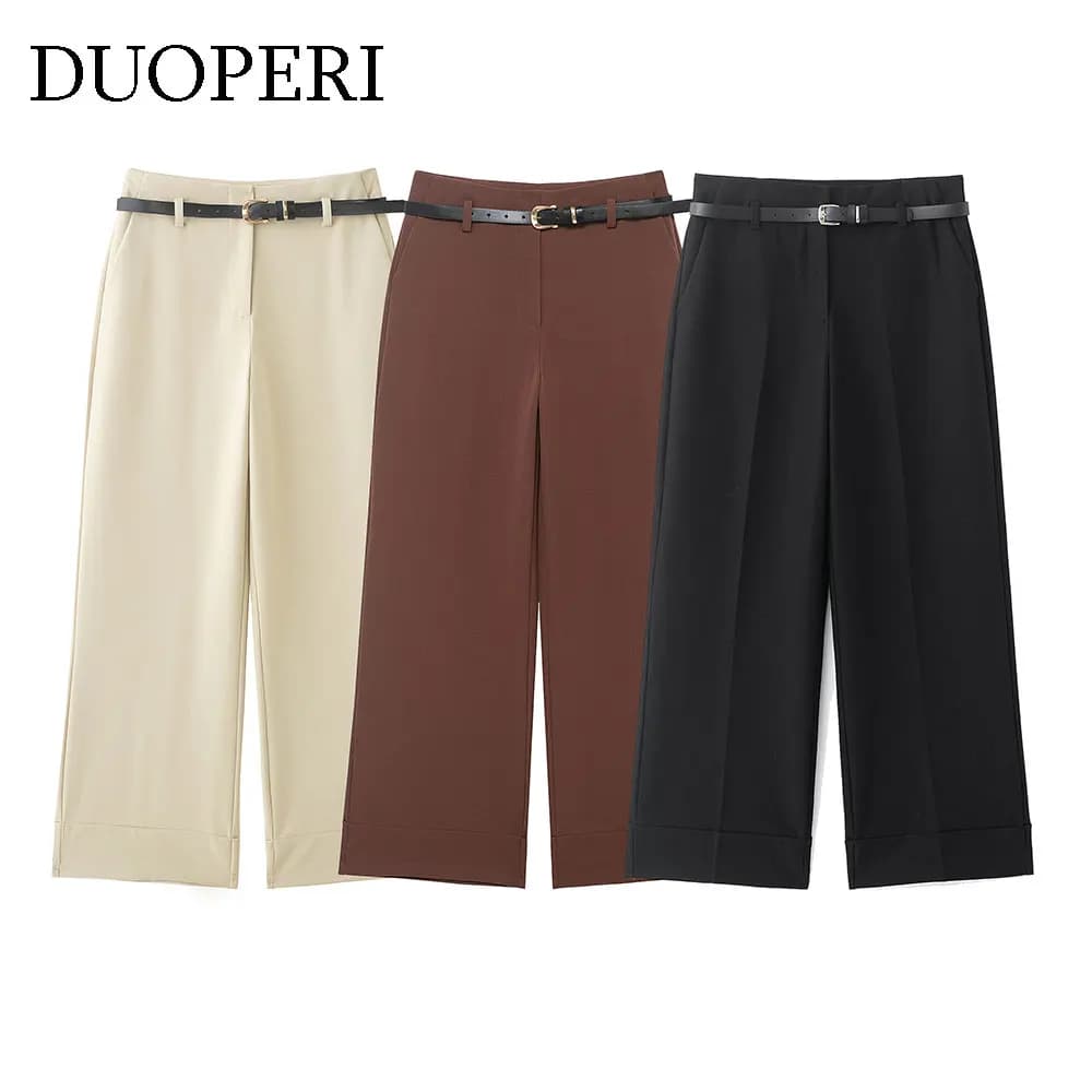 DUOPER Women's Solid Straight Pants With Belt Elegant Women's Casual Pants High Waist Full Shape