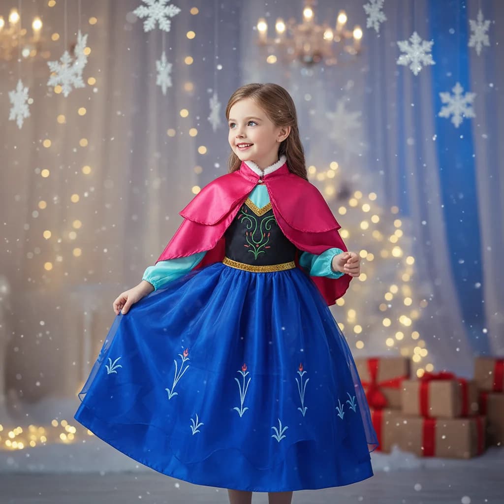 Abito da Principessa in Raso con Dettagli a Mantella, Cintura Dorata, Gonna Multistrato Blu Reale, Confortevole sulla Pelle, per Feste di Carnevale