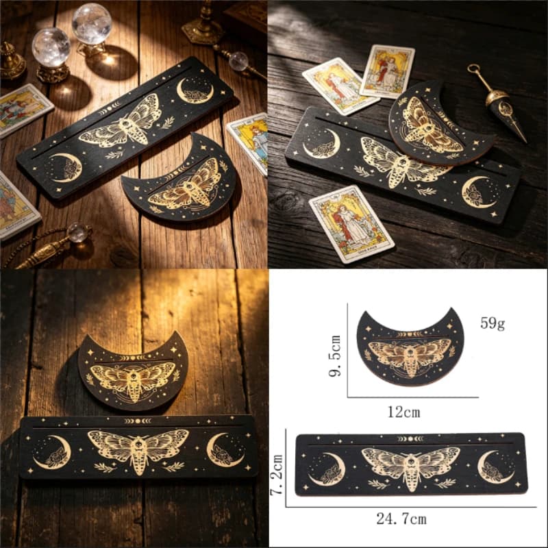 Supporto per Carte dei Tarocchi in Legno con Motivo Gotico Falco e Luna, Espositore per Carte con Cristalli Neri, Decorazione per Altare di Stregoneria e Divinazione Domestica
