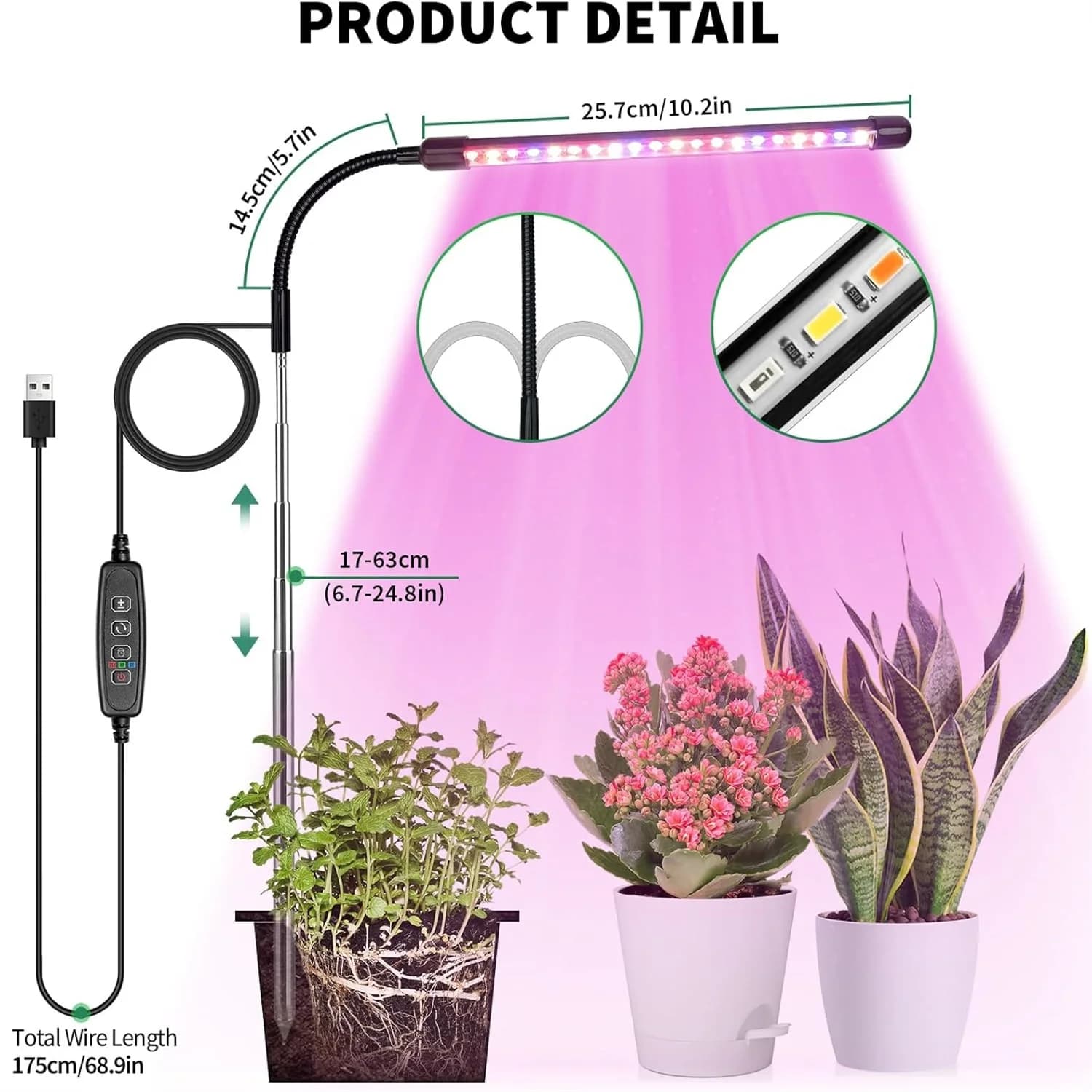 3 colori USB coltiva la lampada pianta spettro completo luce di crescita 5V interruttore dimmer temporizzato plug-in tubo telescopico illuminazione per piante da interno