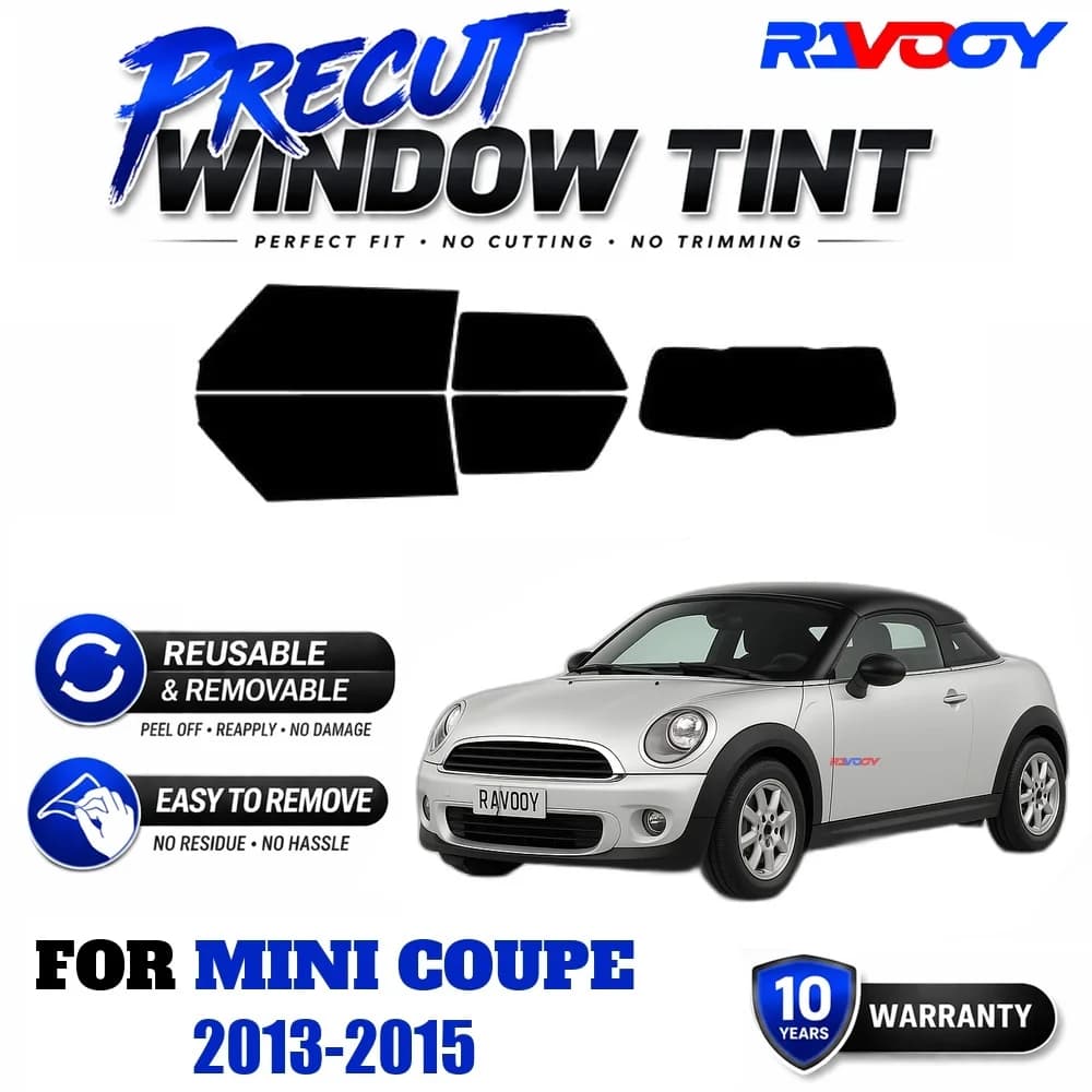 RAVOOY Precut Window Tint, Reusable Removable EPU Film, Custom Fit for Mini Coupe 2013-2015, UV Heat Protection