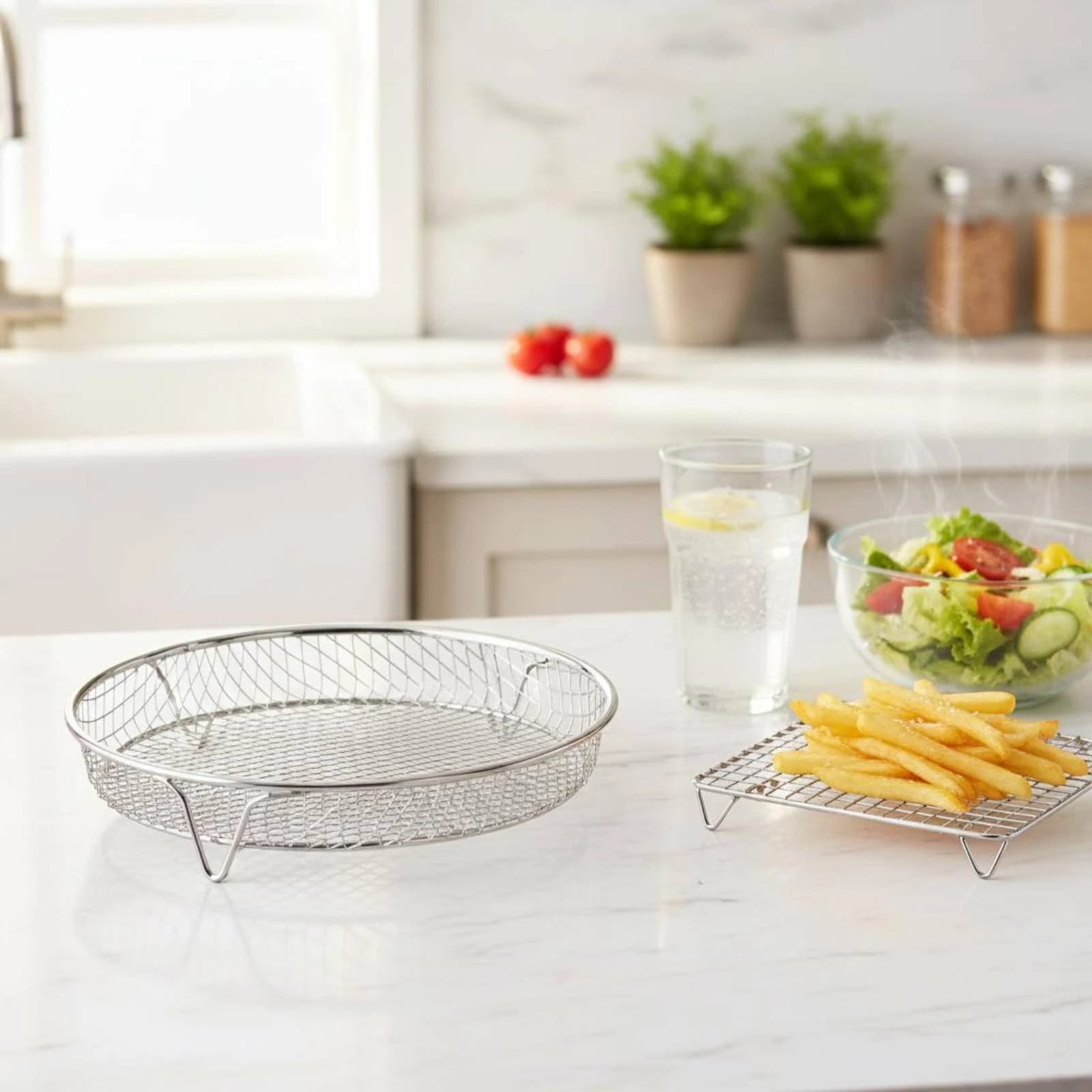 Cestello Scolapiatti in Rete con Piedini Robusti, Set di Cestelli Accessori per Friggitrice ad Aria, Facile da Pulire, Attrezzatura per Preparazione Alimenti, Impilabile