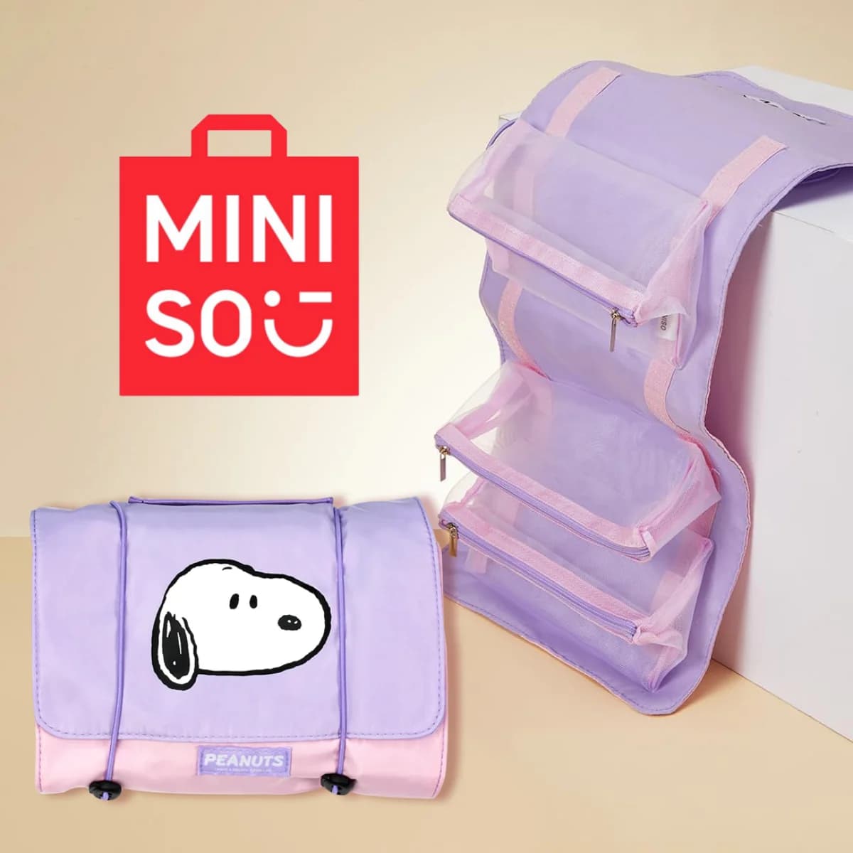 MINISO Snoopy Colorful Life Series Foldable Makeup Bag Makeup Bag Women's Toiletry Bag Zippered Travel Bag