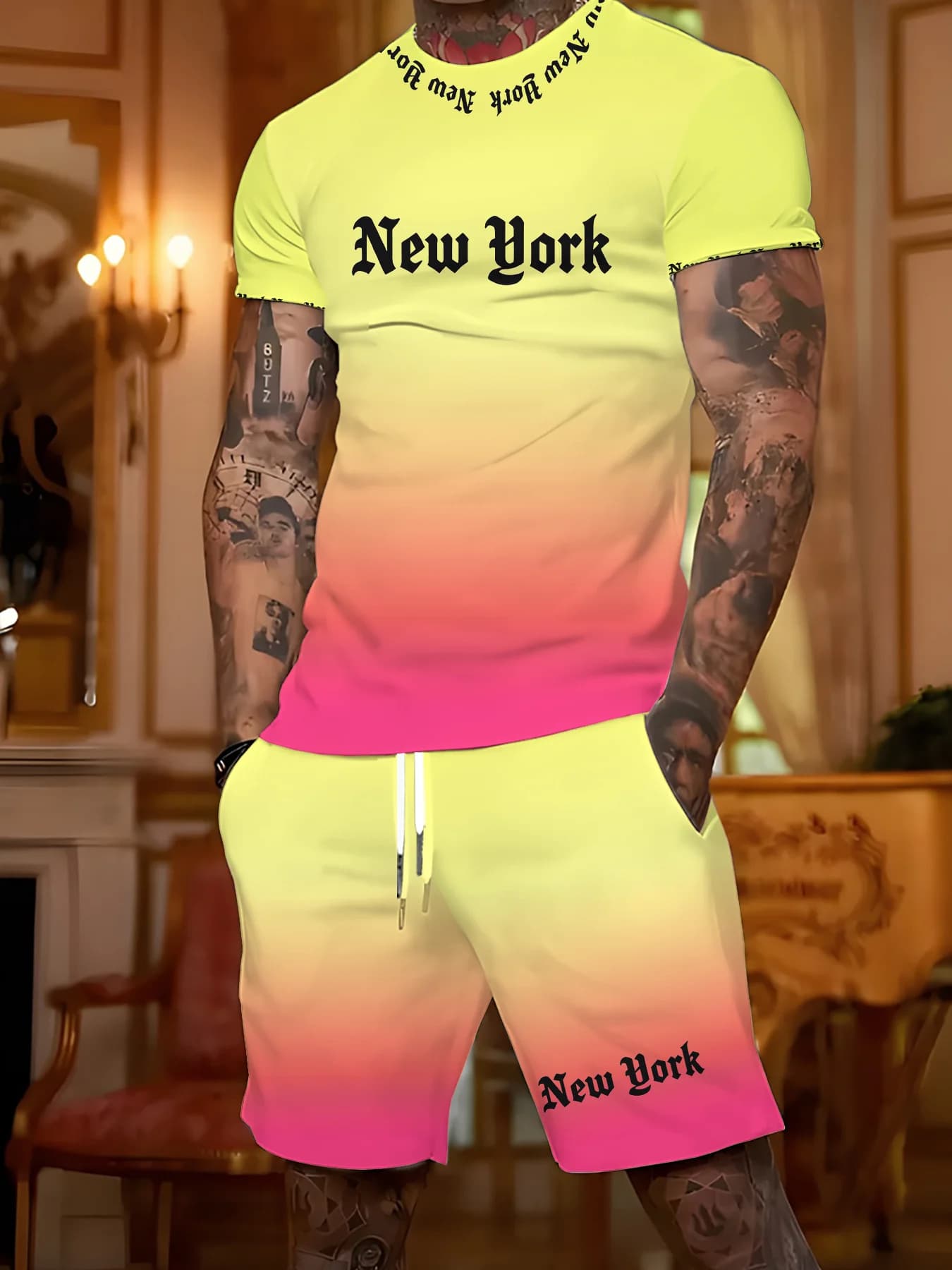 Individual Gradient New York Gothic Letter Print Set Men'S Summer Trendy Short Sleeve Shorts Two-Piece Outfit