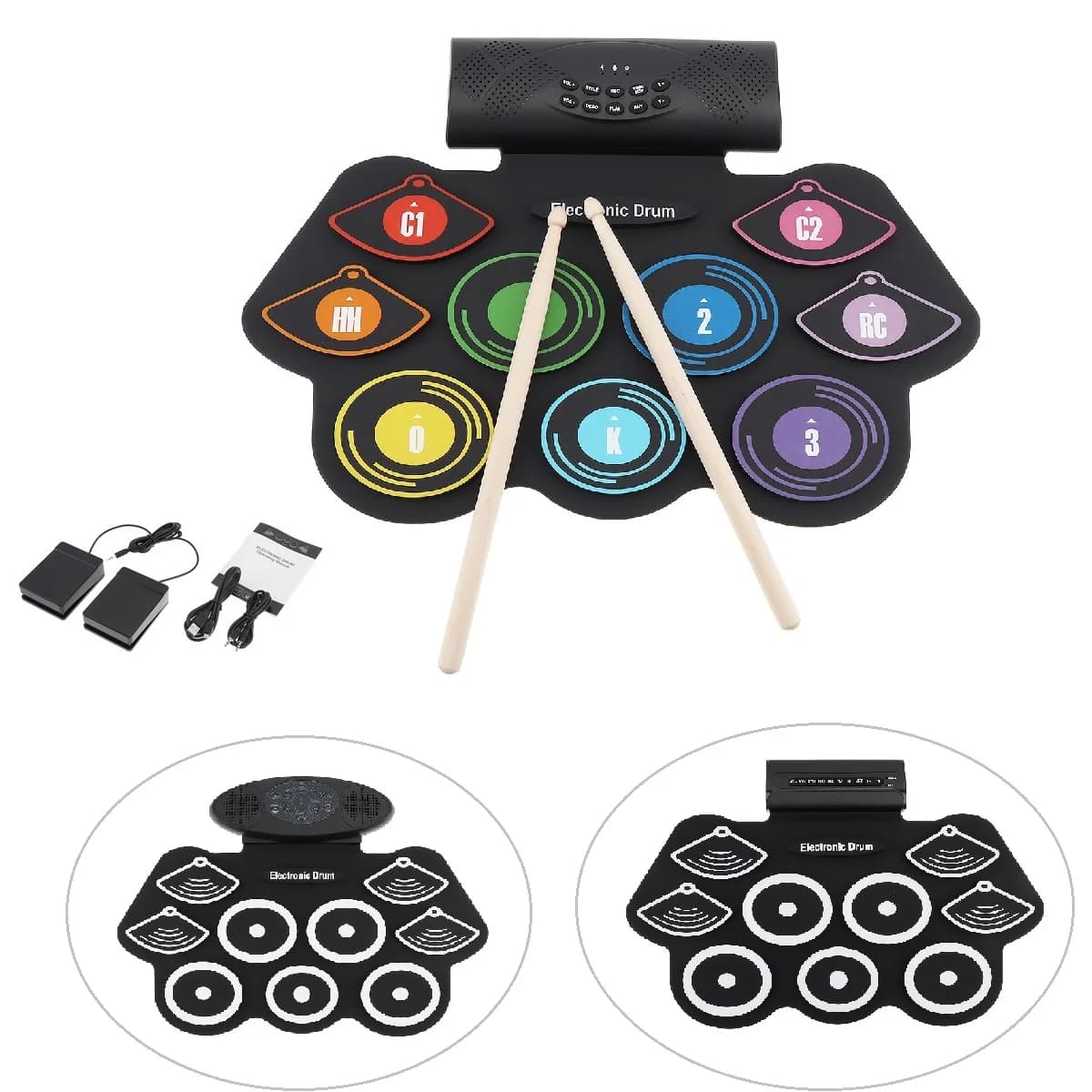 9 Pads Electronic Roll up Thicken Silicone Drum Electric Drum Kits with Drumsticks and Sustain Pedal 3 Types for Optional