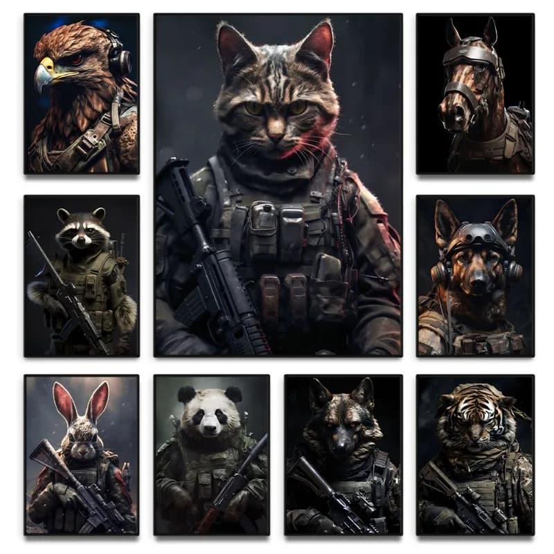 Animali che indossano uniformi militari e tengono la pistola soldati Poster lupo gatto cane Panda aquila cavallo tela pittura Wall Art Decor