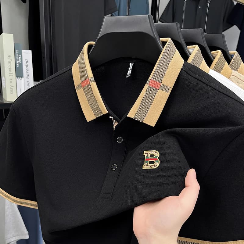 Polo da uomo in cotone nuovo, traspirante, morbido, lussuoso, versatile, a maniche corte, per lavoro, casual, golf, con motivo premium e paillettes.